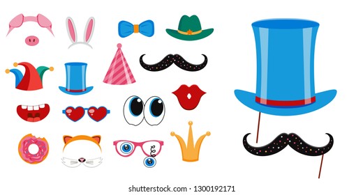 Photo booth, scrapbooking props icon set vector illustration. Collection of design elements such as lips, hat, glasses, mustache. Perfect for photobooth shooting 