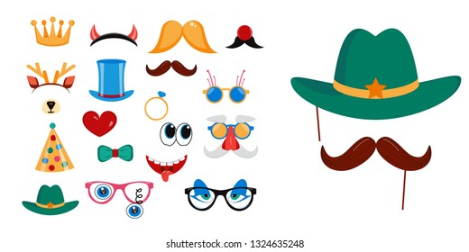Photo booth, scrapbooking props icon set vector illustration. Collection of design elements glasses, mustache, mouth. Perfect for photobooth shooting 