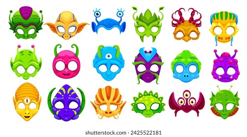 Photo booth space alien masks and props for kids party or avatars, vector cartoon faces. Alien creatures, extraterrestrial monsters and galactic humanoid mutants with funny happy slugs for photo booth