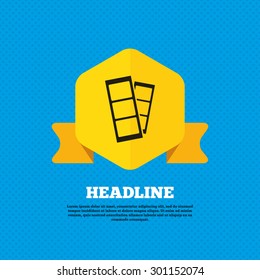 Photo booth strips sign icon. Photo frame template symbol. Yellow label tag. Circles seamless pattern on back. Vector