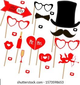 Photo booth template. Collection decorative elements, such as moustache, hat, glasses, cupid, heart. Set of sticker of the Valentine day. Wedding vector elements on isolated background.