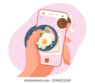 Foto des Frühstücks. Charaktere mit Smartphone fotografiert Speck und Eier mit Gemüse. Morgens traditionelles Essen. Social Media-Inhalte, Post, moderne Trends. Cartoon-Flavektor-Vektorgrafik