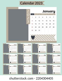 Photo Calendar 2023. Simple monthly vertical, for table, in gray color to place photo, calendar template with days of the week.