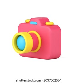 Photo camera 3d icon. Volumetric red gadget with lens and buttons. Professional device for capturing events and travel locations. Vintage design for creative photos. Realistic isolated vector