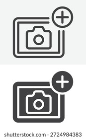 A câmera de fotos adiciona um conjunto de ícones com um estilo diferente. Ícone de linha, contorno e vetor sólido com traçado editável. Adicione o sinal e símbolo da foto para o ícone da interface do aplicativo.