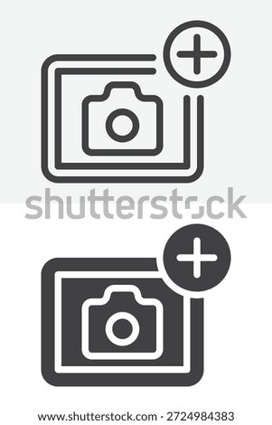 Photo camera add icon set in different style. Line, outline and solid vector icon with editable stroke. Add photo sign and symbol for app interface icon.