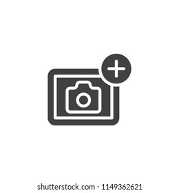 Photo camera add vector icon. filled flat sign for mobile concept and web design. Camera with plus sign simple solid icon. Symbol, logo illustration. Pixel perfect vector graphics