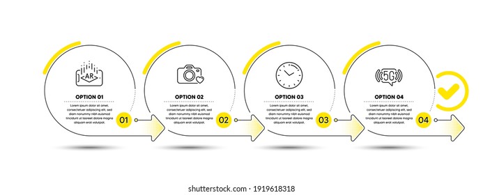 Photo camera, Augmented reality and Time line icons set. Timeline process infograph. 5g wifi sign. Love photos, Phone simulation, Clock. Wireless internet. Science set. Vector