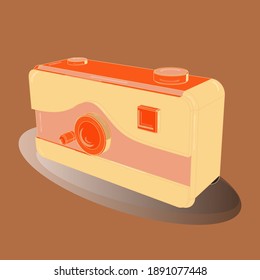 Photo camera. Axonometry. Drawing in brown, neutral and beige colors. 3D. Hand drawn sketch in Vector illustration.