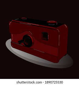 Cámara fotográfica. Axonometría. Esbozo dibujado a mano en ilustración vectorial. 3 D. Dibujo en tonos marrones, negros y grises.