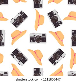 Photo camera background. Vector colorful seamless pattern with cute retro cameras. Photograph digital equipment. Photography wallpaper with fashion summer hats.