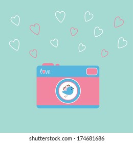 Photo camera with bird and hearts. Love card. Vector illustration.
