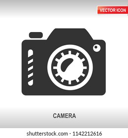 Photo camera black vector icon on white background
