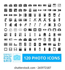 Photo camera black web and system icons with accessories set. Photography vector icon element isolated on a white background. Designed by 24x24 pixel grid.