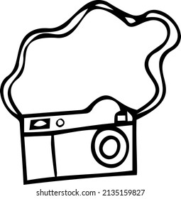 Photo camera. Black and white vector illustration, hand-drawn. Isolated object on a white background. Clipart, template, sketch.