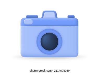  Photo camera. Blue gadget with lens and buttons. 3d vector icon. Cartoon minimal style. Plasticine effect. Realistic isolated vector illustration