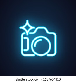 Photo camera blue neon icon. Sign photo Studio concept label or interface label for games, websites and mobile apps. Retro device in luminous linear style. Photography symbol. Vector isolated on black