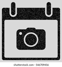 Photo Camera Calendar Day grainy textured icon for overlay watermark stamps. Flat symbol with scratched texture.