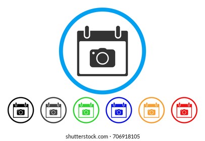 Photo Camera Calendar Day vector rounded icon. Image style is a flat gray icon symbol inside a blue circle. Additional color versions are grey, black, blue, green, red, orange.
