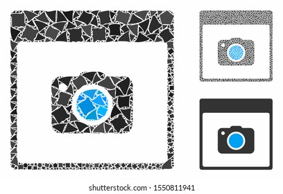 Photo camera calendar page composition of humpy items in various sizes and color hues, based on photo camera calendar page icon. Vector rough items are grouped into composition.