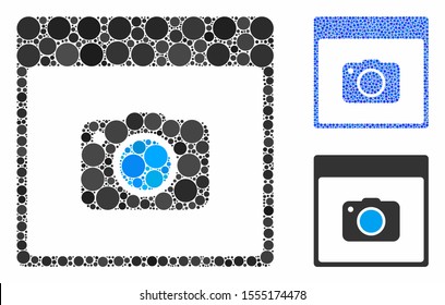 Photo camera calendar page composition of spheric dots in variable sizes and shades, based on photo camera calendar page icon. Vector round dots are united into blue composition.