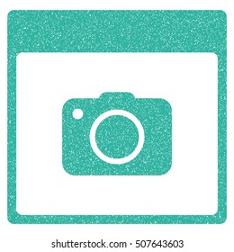 Photo Camera Calendar Page grainy textured icon for overlay watermark stamps. Flat symbol with dirty texture. Dotted vector cyan ink rubber seal stamp with grunge design on a white background.