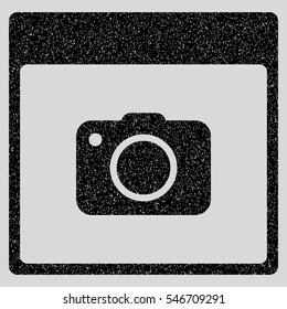 Photo Camera Calendar Page grainy textured icon for overlay watermark stamps. Flat symbol with dust texture. Dotted vector black ink rubber seal stamp with grunge design on a light gray background.