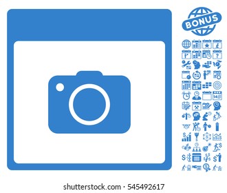 Photo Camera Calendar Page icon with bonus calendar and time management images. Vector illustration style is flat iconic symbols, cobalt, white background.