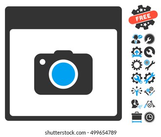 Photo Camera Calendar Page pictograph with bonus settings design elements. Vector illustration style is flat iconic symbols, blue and gray, white background.