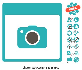 Photo Camera Calendar Page pictograph with bonus setup tools icon set. Vector illustration style is flat iconic symbols, grey and cyan, white background.