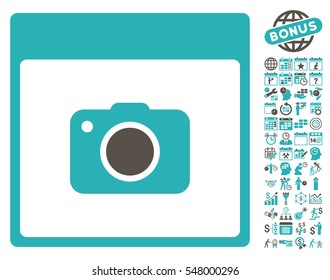 Photo Camera Calendar Page pictograph with bonus calendar and time management design elements. Vector illustration style is flat iconic symbols, grey and cyan, white background.