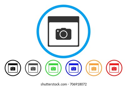 Photo Camera Calendar Page vector rounded icon. Image style is a flat gray icon symbol inside a blue circle. Additional color variants are gray, black, blue, green, red, orange.