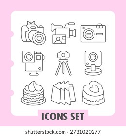 Cámara de fotos, videocámara, conjunto de iconos simples de caramelo que representan el equipo de Fotografía y los artículos de postres en estilo de contorno para App e impresión sobre fondo blanco. Conjunto de nueve iconos de línea delgada