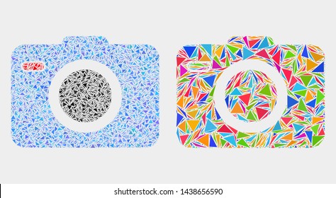 Photo camera collage icon of triangle elements which have variable sizes and shapes and colors. Geometric abstract vector illustration of photo camera.