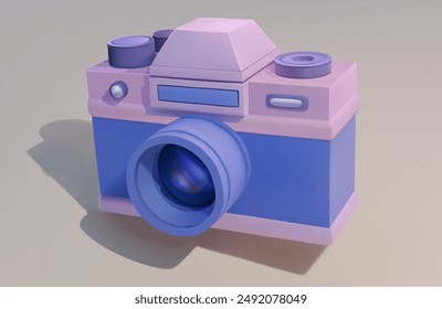 Photo camera with a color optical lens. Blue-pink color. A camera icon with a falling shadow on a light beige background. 3D vector illustration.