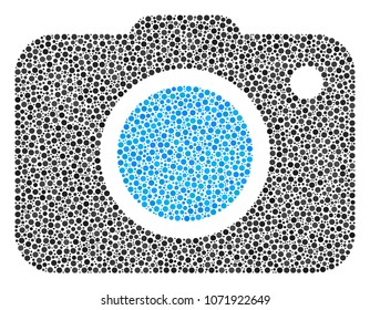 Photo Camera composition of dots in various sizes and color tinges. Dots are grouped into photo camera vector mosaic. Dotted vector design concept.