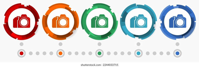 Photo camera concept vector icon set, modern design abstract web buttons in 5 color options, infographic template for webdesign and mobile apps