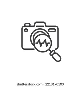 Photo Camera diagnostic line icon. linear style sign for mobile concept and web design. Camera and magnifying glass outline vector icon. Symbol, logo illustration. Vector graphics