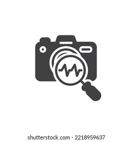 Photo Camera diagnostic vector icon. filled flat sign for mobile concept and web design. Camera and magnifying glass glyph icon. Symbol, logo illustration. Vector graphics