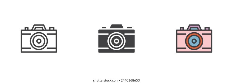 Cámara de fotos de diferentes estilos conjunto de iconos. Línea, glifo y contorno relleno versión colorida, contorno y signo de vector relleno. Símbolo, ilustración del logotipo. Gráficos vectoriales