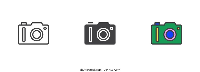 Photo camera different style icon set. Line, glyph and filled outline colorful version, outline and filled vector sign. Symbol, logo illustration. Vector graphics