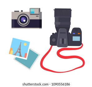 Photo and camera of different types, devices making photography, French Eiffel Tower in Paris captured, collection isolated on vector illustration