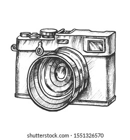 Photo Camera Digital Gadget Monochrome Vector. Ancient Photography Camera. Photograph Technological Accessory Engraving Concept Layout Designed In Vintage Style Black And White Illustration