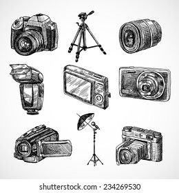 Photo camera digital technology studio equipment hand drawn set isolated vector illustration