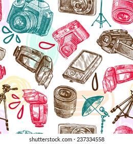 Photo camera digital technology studio equipment hand drawn seamless pattern vector illustration