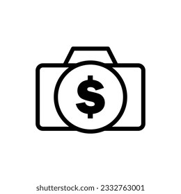 Photo camera with dollar symbol on lens line icon vector. Transaction, money symbol camera icon. Vector illustration outline pictogram for infographic interface or design graphic.