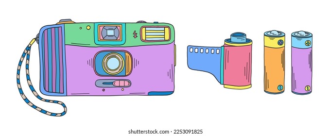 Photo camera doodle. 2000s photo camera, film and batteries. Y2k trendy illustration. Retro film camera. Millennial childhood technology. 90s and 2000s.