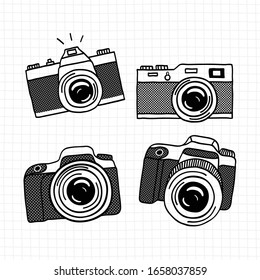 Photo camera doodle icon set. Hand drawn sketch. Vector illustation.