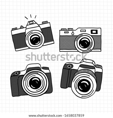 Photo camera doodle icon set. Hand drawn sketch. Vector illustation.