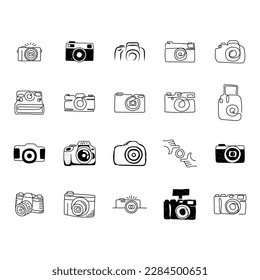 Photo camera doodle set. Collection of hand drawn various photo camera equipment for photographers work isolated on white background